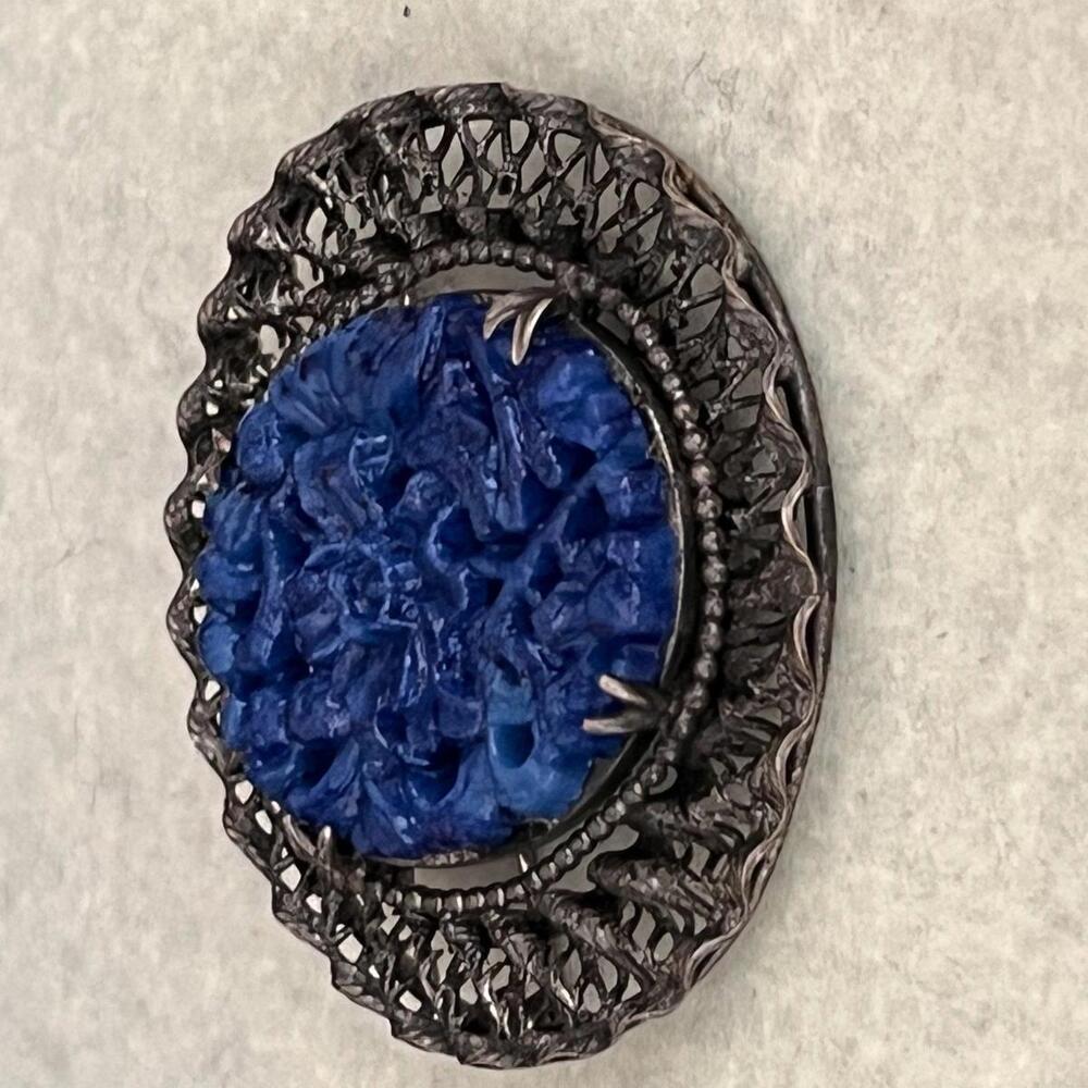 1960s Peking Blue Glass Japanned Oval Brooch - Picture 6 of 6